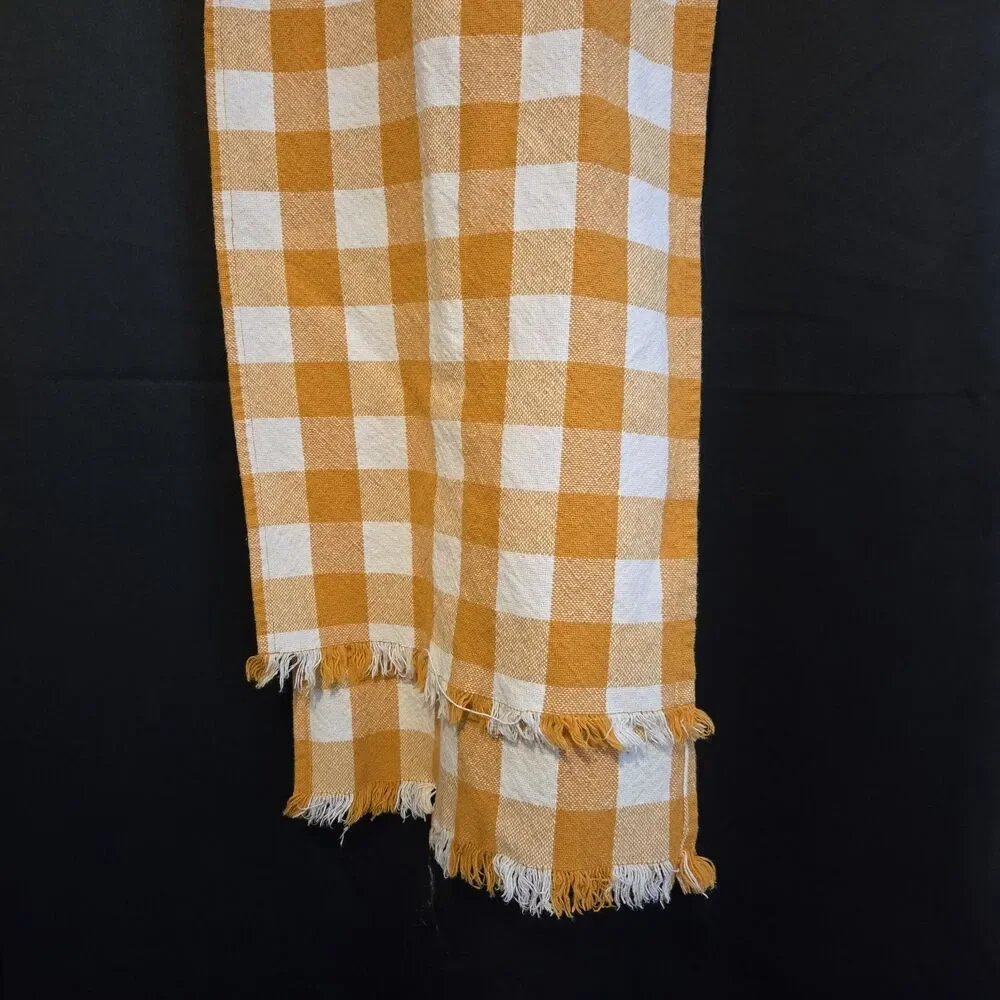 Long Mustard Yellow White Checked Cotton Fringed Table Runner Country Farmhouse